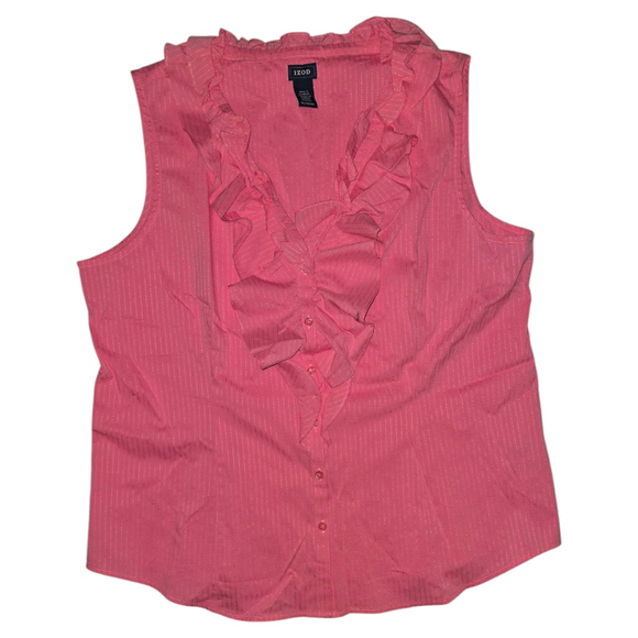 VTG Women's IZOD Pink Sleeveless Ruffle Button Down Blouse Top Size XL - Picture 1 of 5